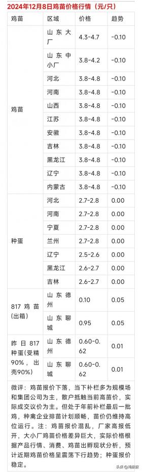 2024年12月8日各地区肉鸡价格和鸡苗价格行情参考！